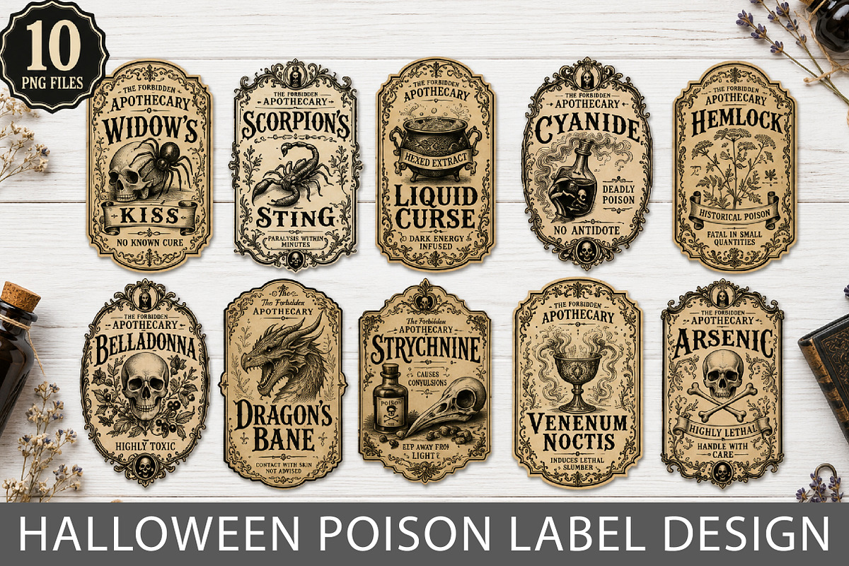 Vintage Halloween Poison Labels PNG, a Seasonal Illustration by Rose Art (Photo 1 of 3)