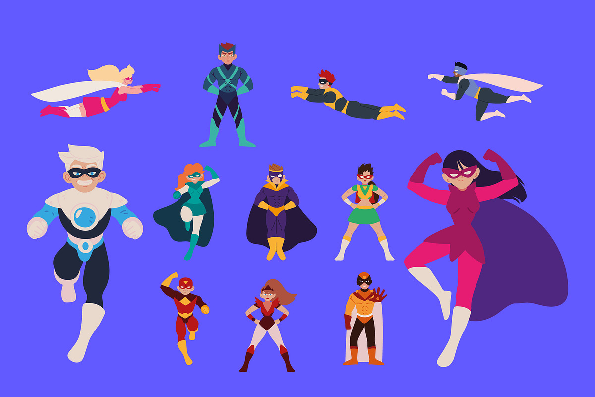 Superheroes Cartoon Illustration Set