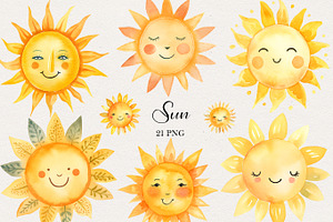 Cute Sun Watercolor Clipart. AI