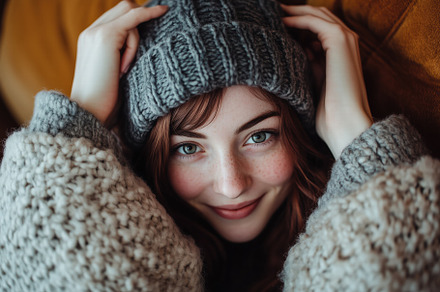 A young woman with long, wavy hair wearing a knitted hat and a cozy sweater, sm, a Person Photo by Textures & Backgrounds