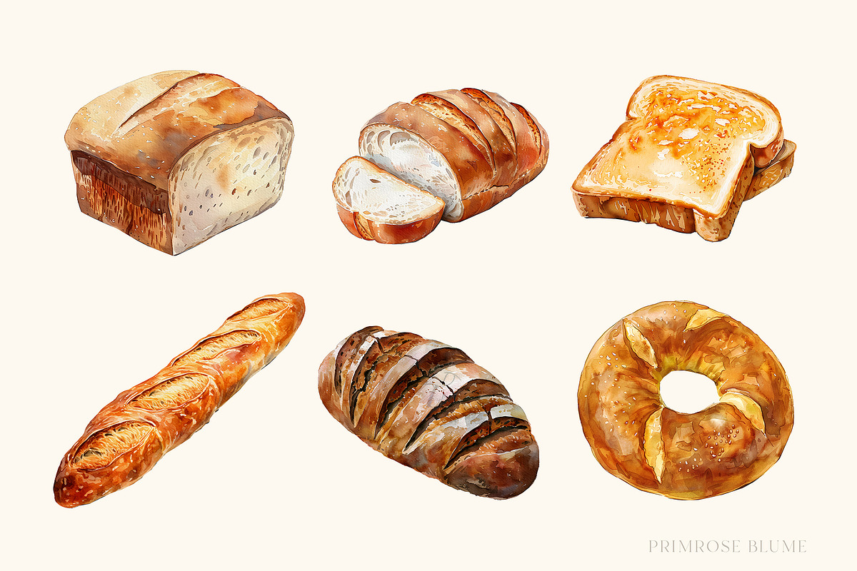 Watercolor Breads Clipart, a Food Illustration by Primrose Blume (Photo 4 of 4)