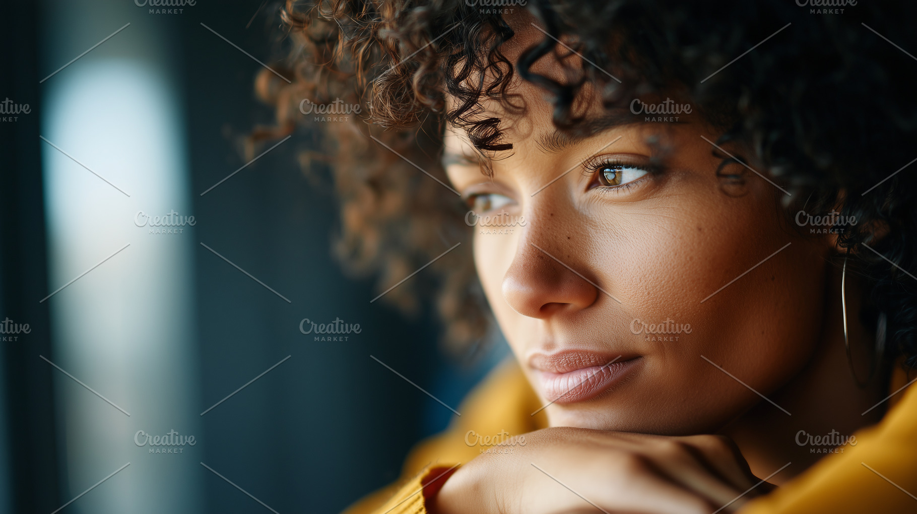 Pensive black woman with curly hair, a Person Photo by MistyDay