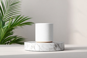 Speaker displayed on a marble island with an abstract AR interface, a Photo by AlyaAnd