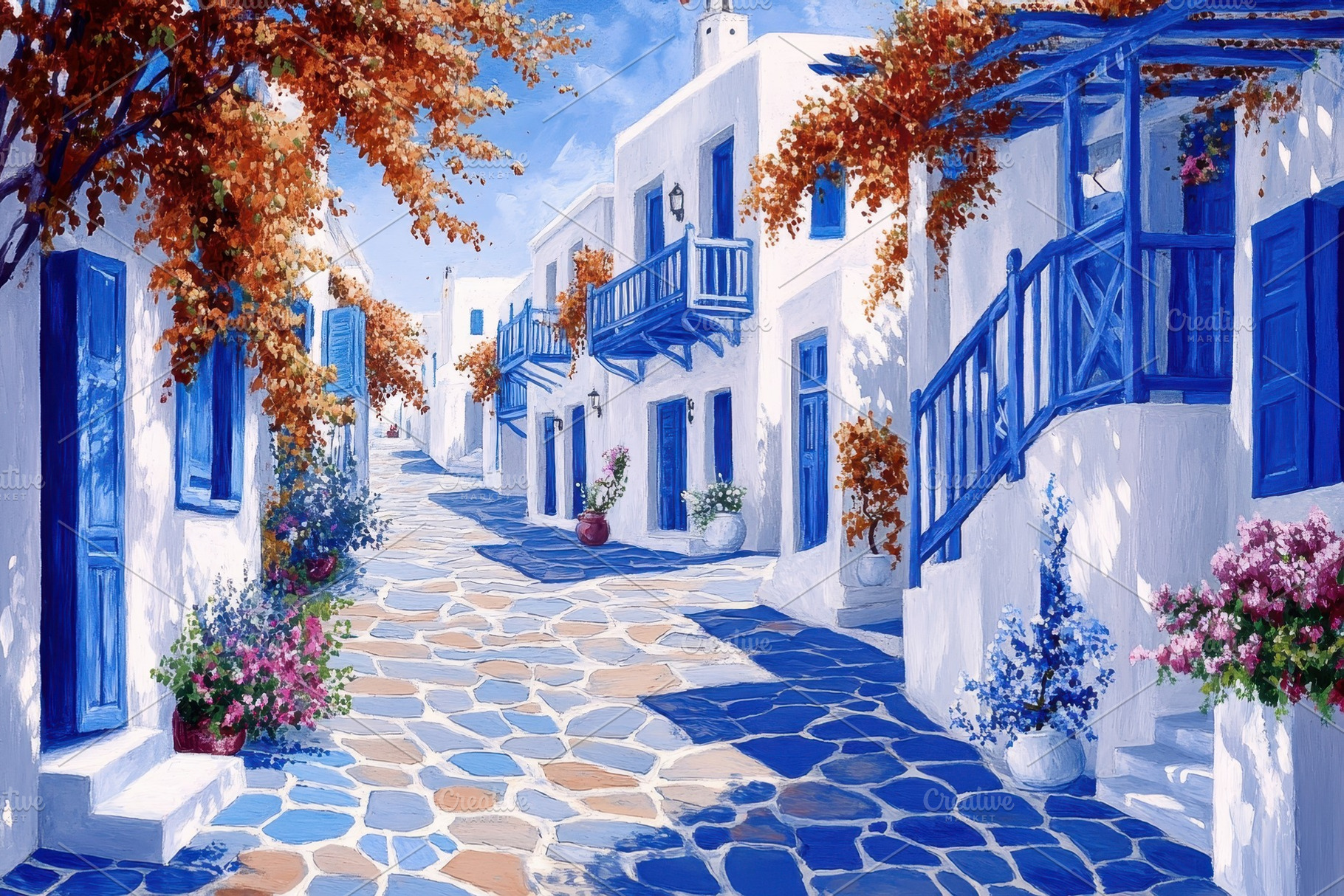 Quaint blue and white houses, a Photo by Pavel_design