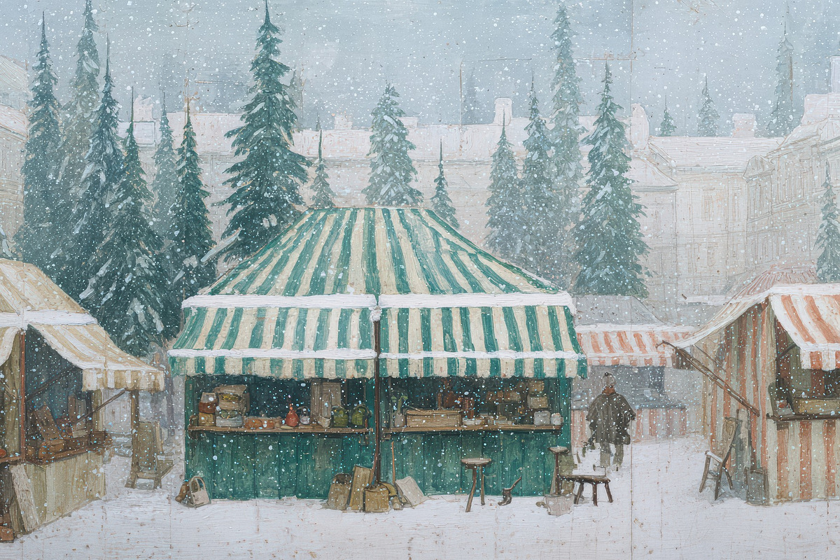 Charming winter village market, a Decorative Illustration by Virgo Studio