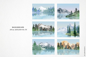 Watercolor Mountain Lake Landscape