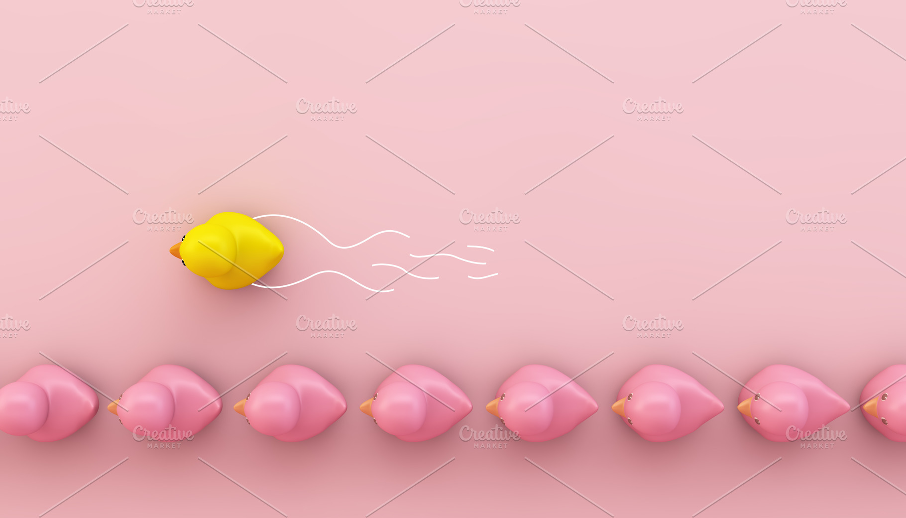 Yellow rubber duck advancing containing duck, rubber, and pink, an Abstract Photo by McLittle Stock