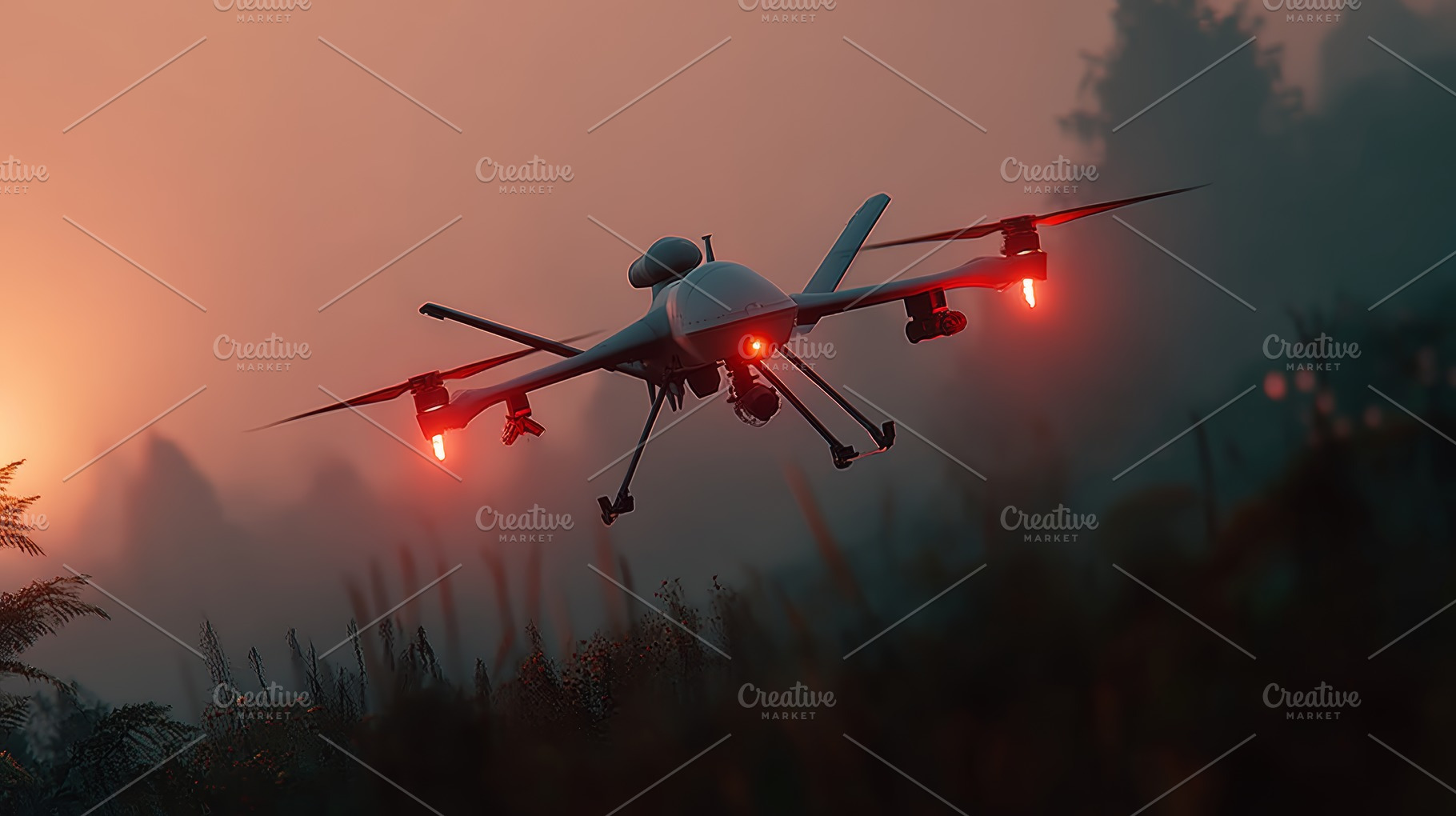 Military drone at dusk over misty forest with red navigation lights and surveil, a Photo by AS photostudio