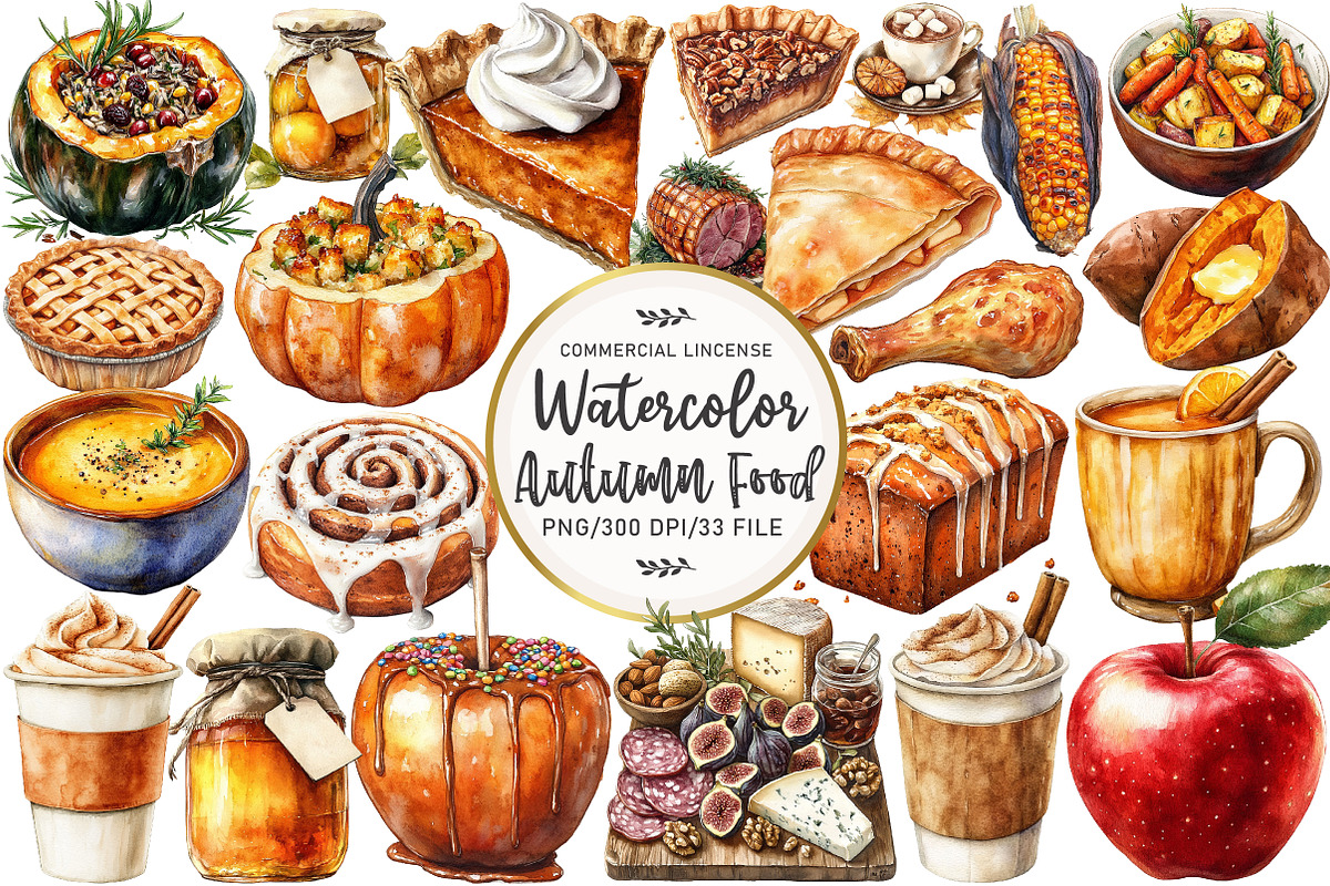 Watercolor Autumn Food clipart, an Illustration by OK Design (Photo 1 of 5)