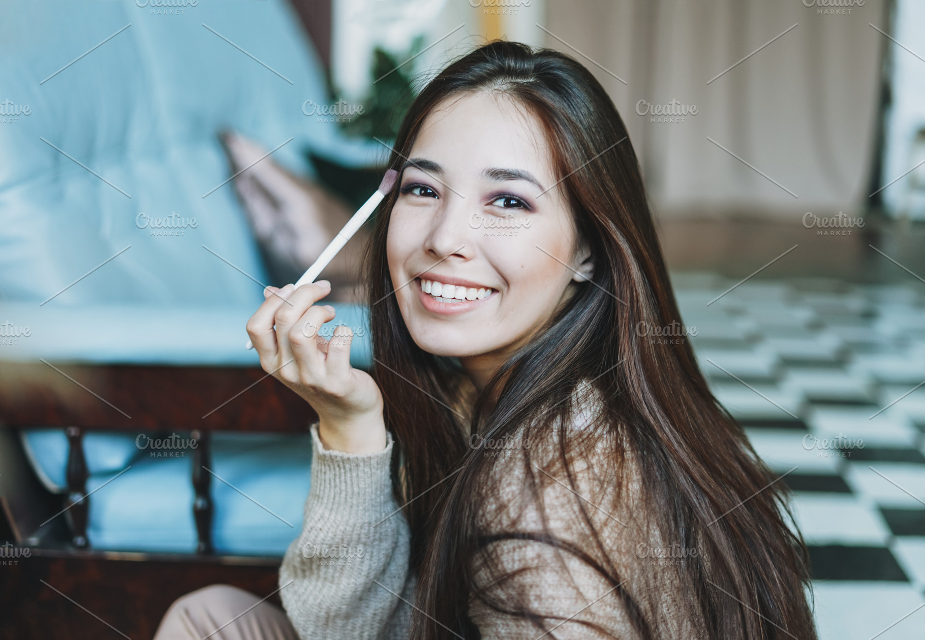 Beautiful long hair asian girl containing brush, woman, and skin, a Person Photo by Galina_Zhigalova