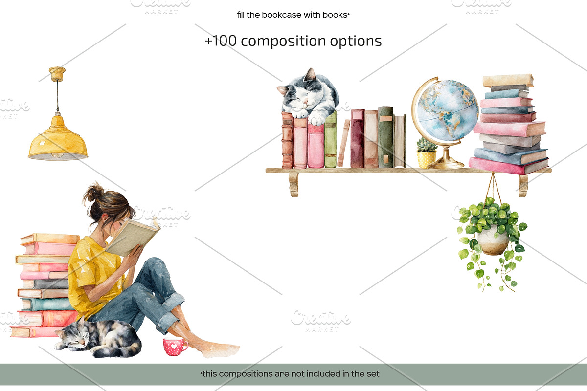 Watercolor book lover clipart, an Education Illustration by Art and Funny (Photo 10 of 12)