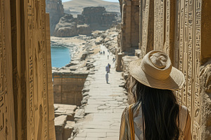 A woman Egyptologist in a wide-brimmed hat stands at the entrance of an ancient, a Person Photo by Textures & Backgrounds