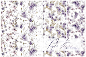 4 Watercolor Purple Seamless Flowers