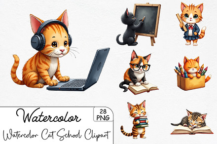 Watercolor Cat Back to School Clipar, an Illustration by Creative Home