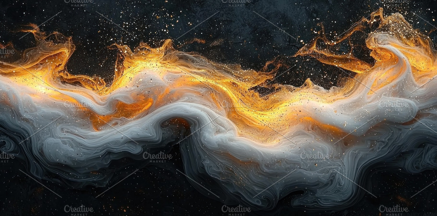 Dynamic swirl of golden and white fluid particles with glowing a, an Abstract Photo by José Manuel Gelpi