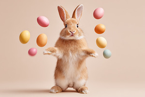 Easter bunny with pastel floating eggs, an Animal Photo by AlyaAnd