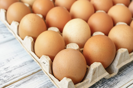 Brown chicken eggs in a cardboard tray on a rustic wood background for farm and, a Food & Drink Photo by Eugene_Photo