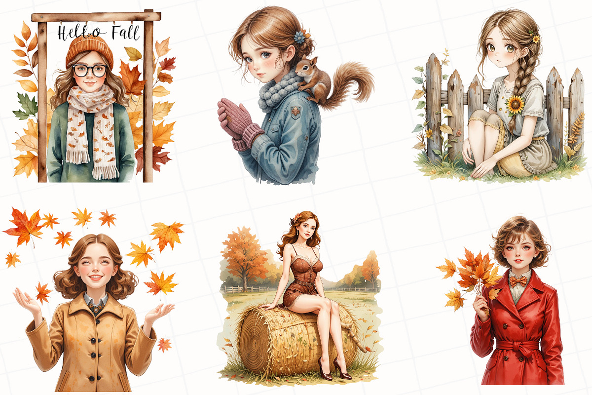 Watercolor Autumn Girls Clipart, an Illustration by OK Design (Photo 4 of 5)