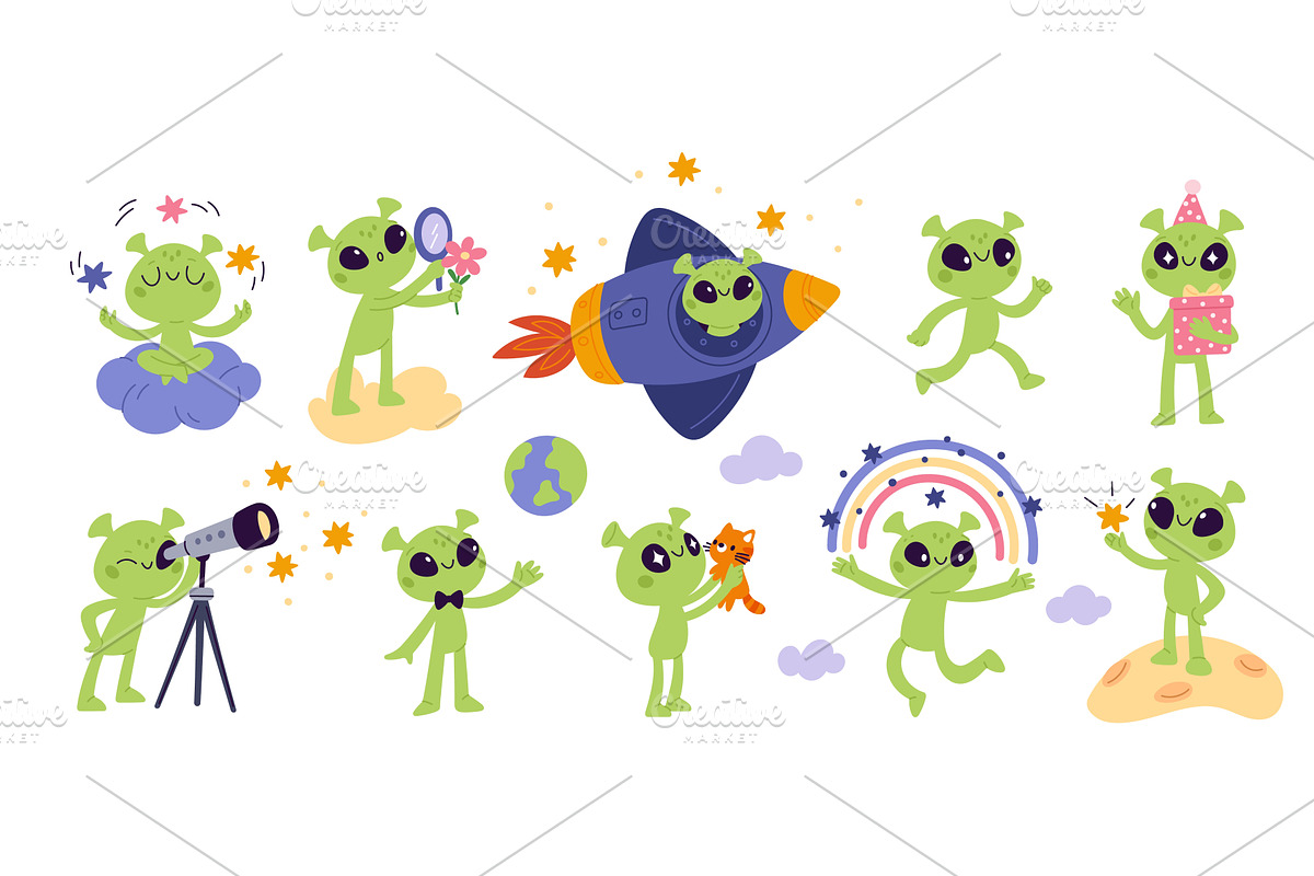 Cartoon green aliens characters, a Person Illustration by YummyBuum