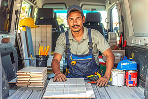 Tile mason organizing materials and tools in the van, a Person Photo by DanFLCreativo