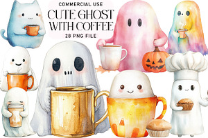 Cute Ghost with Coffee Clipart, an Illustration by Daily.Designs