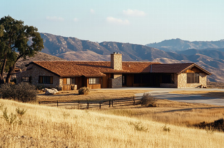 A picturesque ranch-style Traditional Ranch-style house with a stone exterior a, an Architecture Photo by Textures & Backgrounds
