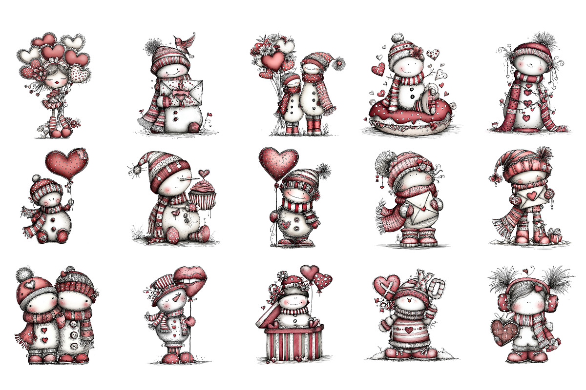 Whimsical Valentine Snowmen Clipart, an Illustration by DreamArtGraphic (Photo 3 of 4)