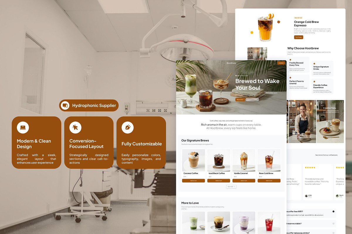 Hootbrew - Cafe Website Landing Page, a Landing Page Template by Font Kingdom (Photo 3 of 5)