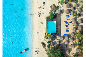 Aerial view of pool, sandy beach, a Nature Photo by den-belitsky