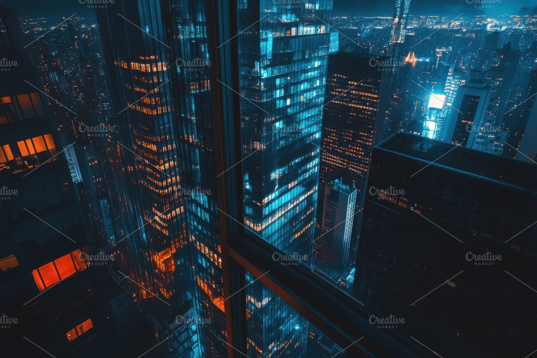 Night view of skyscrapers glowing ci, a Photo by Pixeness Studio