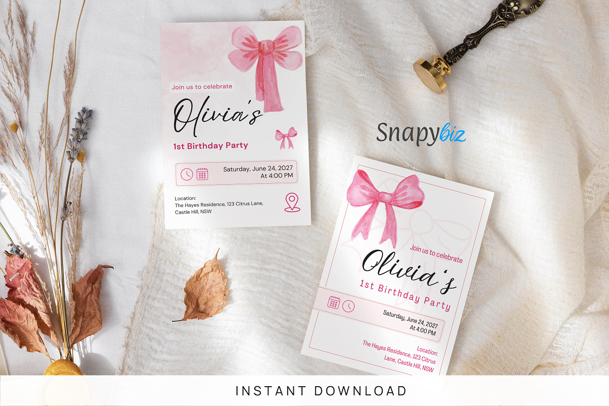 Pink Bow Birthday Invitation Canva, an Invitation Template by Snapybiz (Photo 2 of 10)