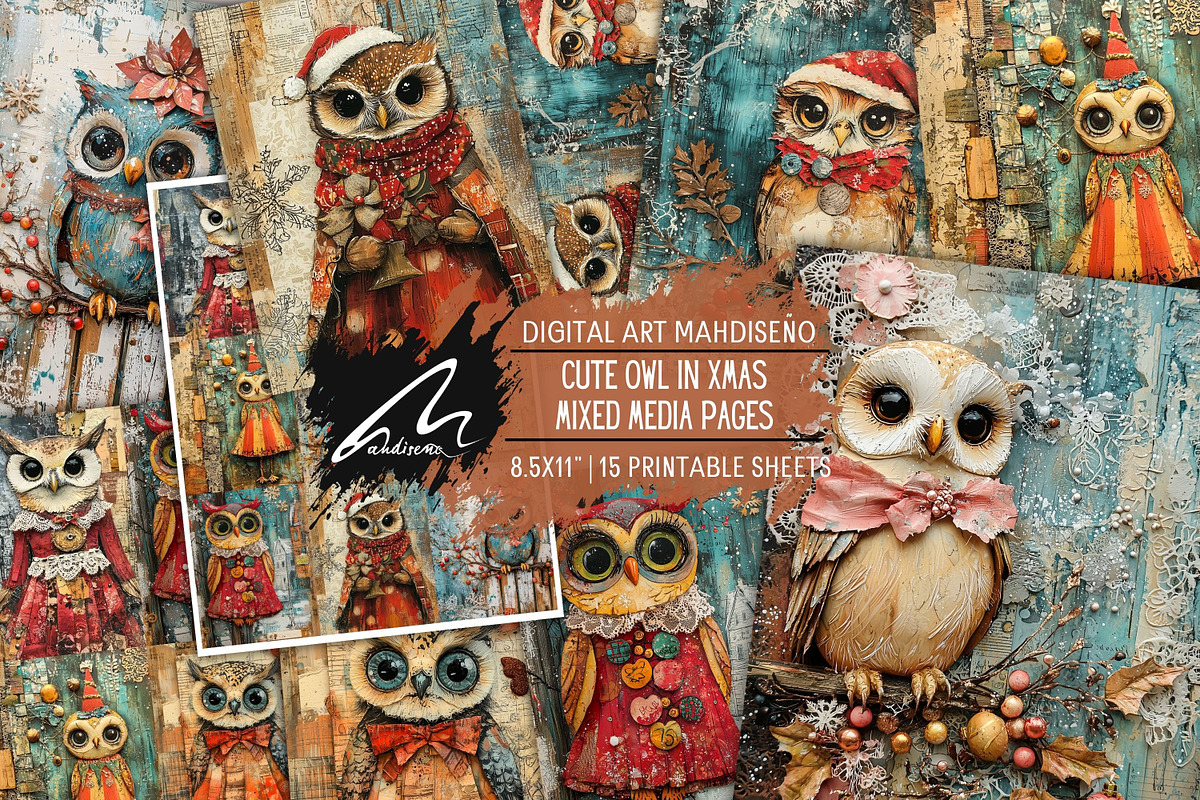 Cute Owl Xmas Junk Journal Pages, an Animal Illustration by Digital Art Mahdiseño (Photo 1 of 10)