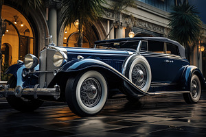 A vintage art deco blue convertible car parked in front of an elegant building, an Arts & Entertainment Photo by Textures & Backgrounds