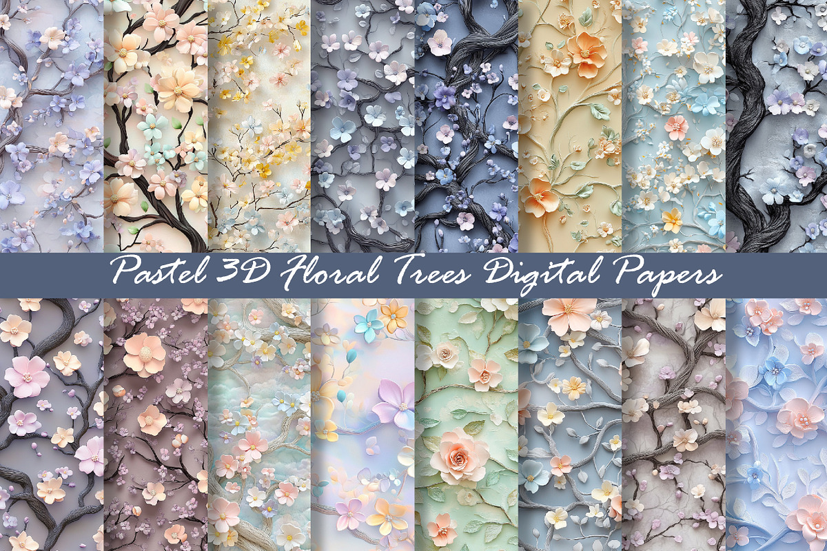 Pastel 3D Floral Trees Digital Paper, a Texture Graphic by Dream Creation (Photo 1 of 6)