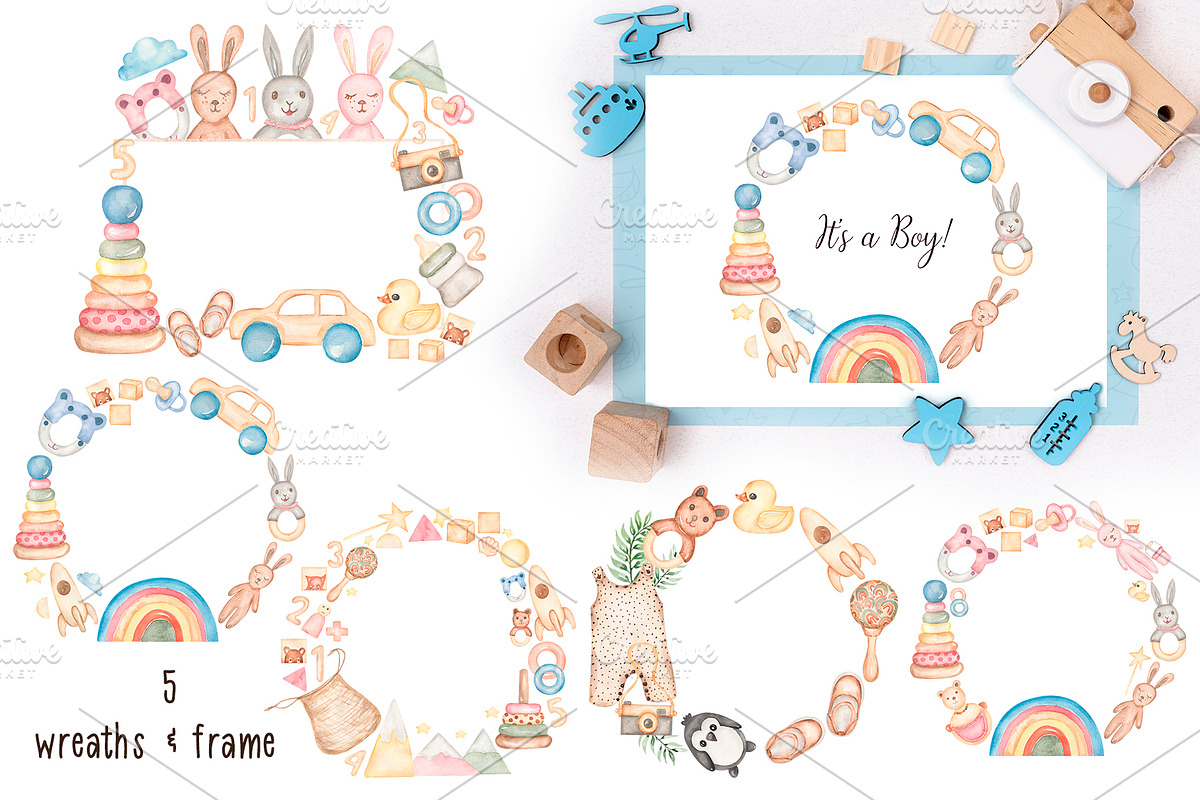 Watercolor Kids Toys & Clothes, an Object Illustration by MayaNavits (Photo 6 of 17)