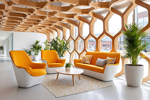 Cozy seating area in an innovative hub with modern design and organic elements, an Architecture Photo by AlyaAnd