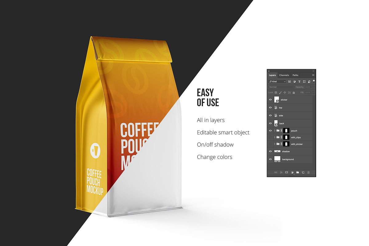 Coffee Pouch Back 3/4 view, a Packaging Mockup by easymock (Photo 3 of 7)