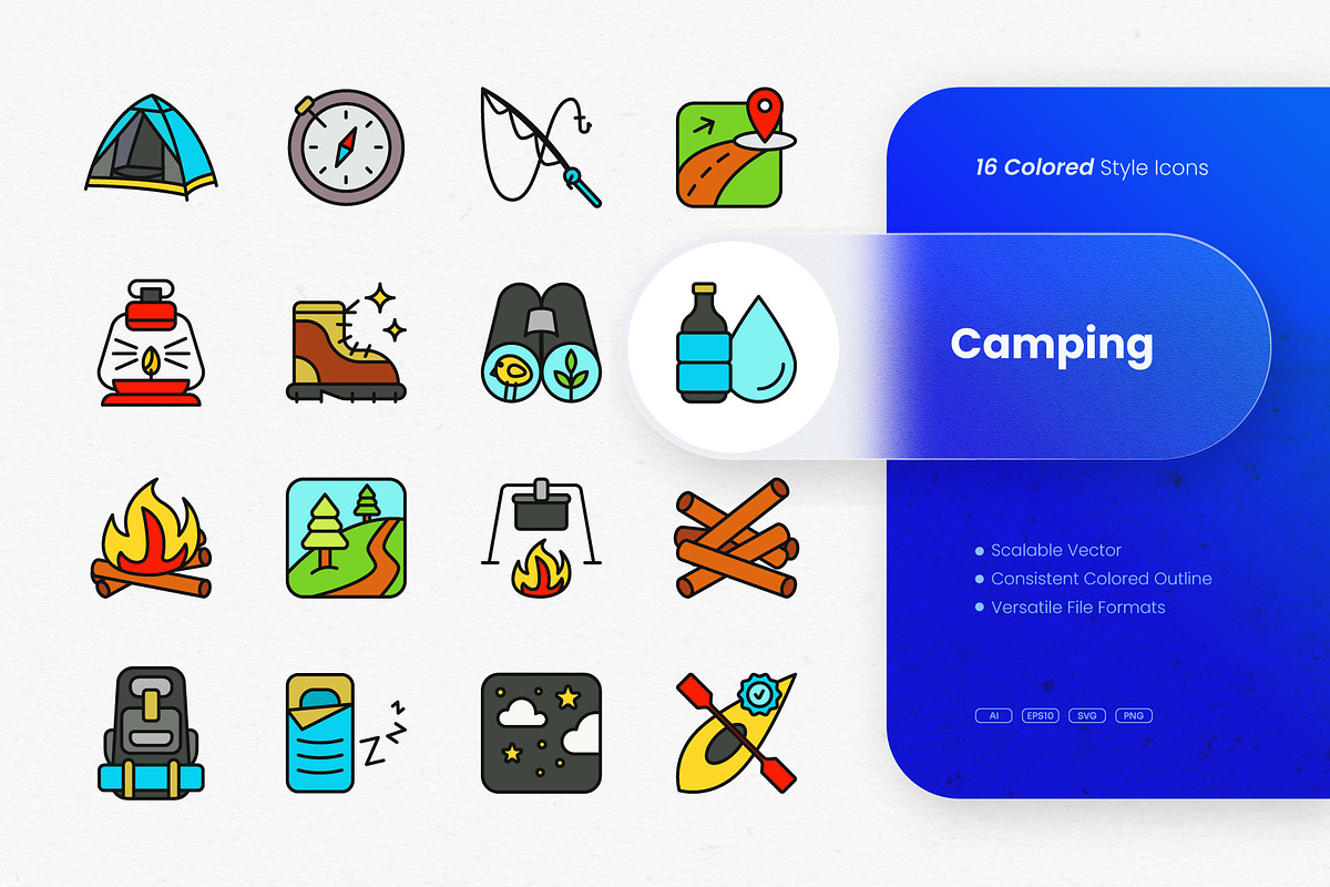 Camping Colored Icons, an Outline Icon by cidcud_graphic