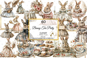 Watercolor Bunny Tea Party Clipart, an Illustration by NiiiNArt