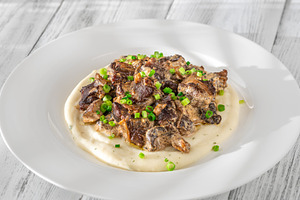 Braised meat and mushroom topping, a Food & Drink Photo by Alexander Prokopenko