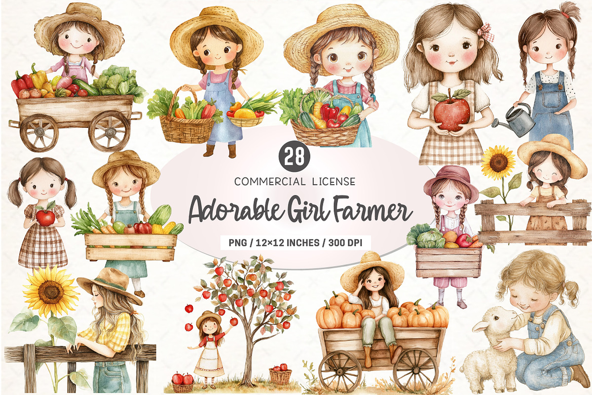 Adorable Girl Farmer Clipart PNG, an Illustration by SinaCreation (Photo 1 of 4)