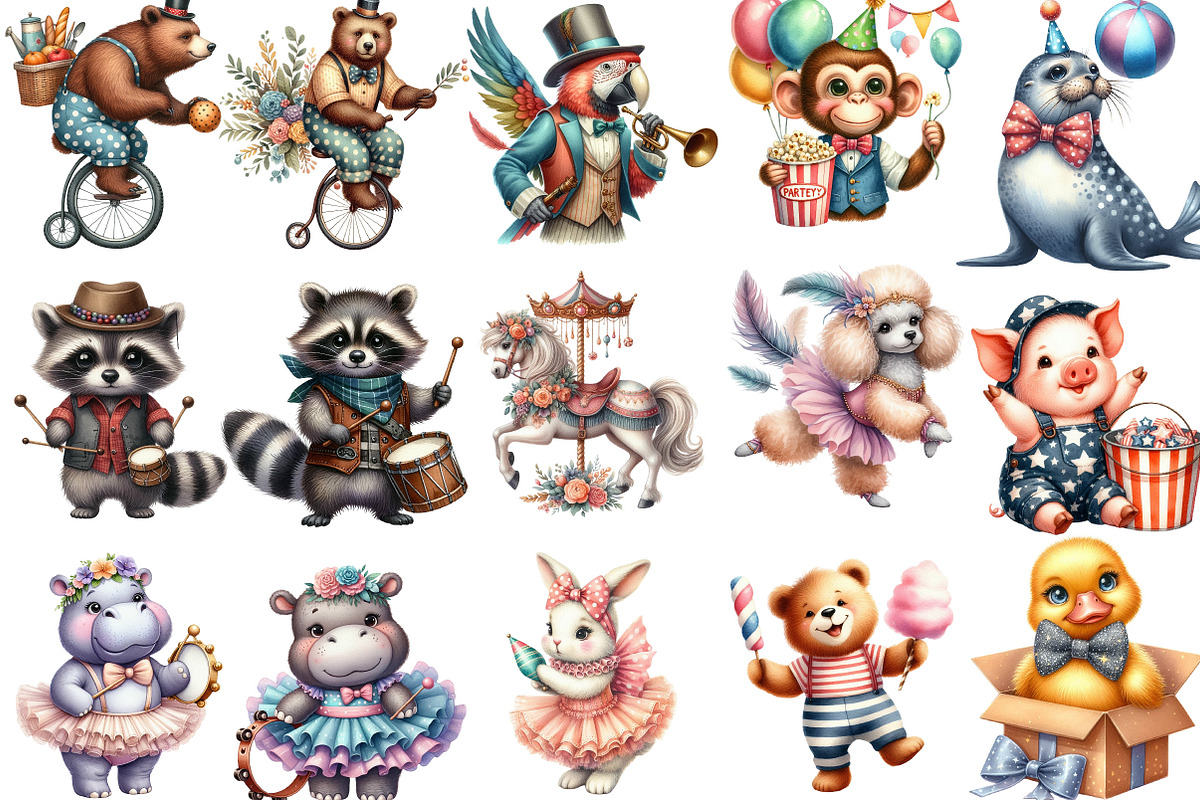 Vintage Circus Party Animal Clipart, an Illustration by Designking (Photo 2 of 4)