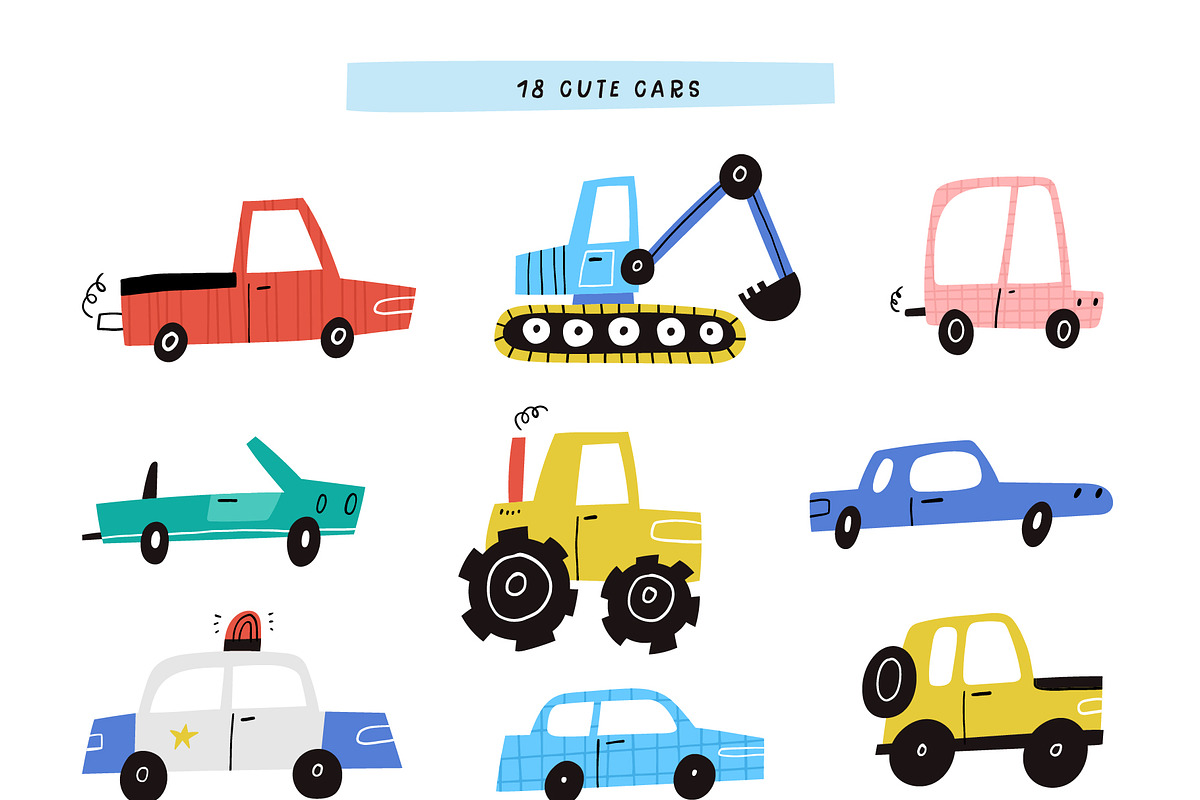 Cute Cars | Hand drawn clipart, a Transportation Illustration by Olia (Photo 2 of 11)