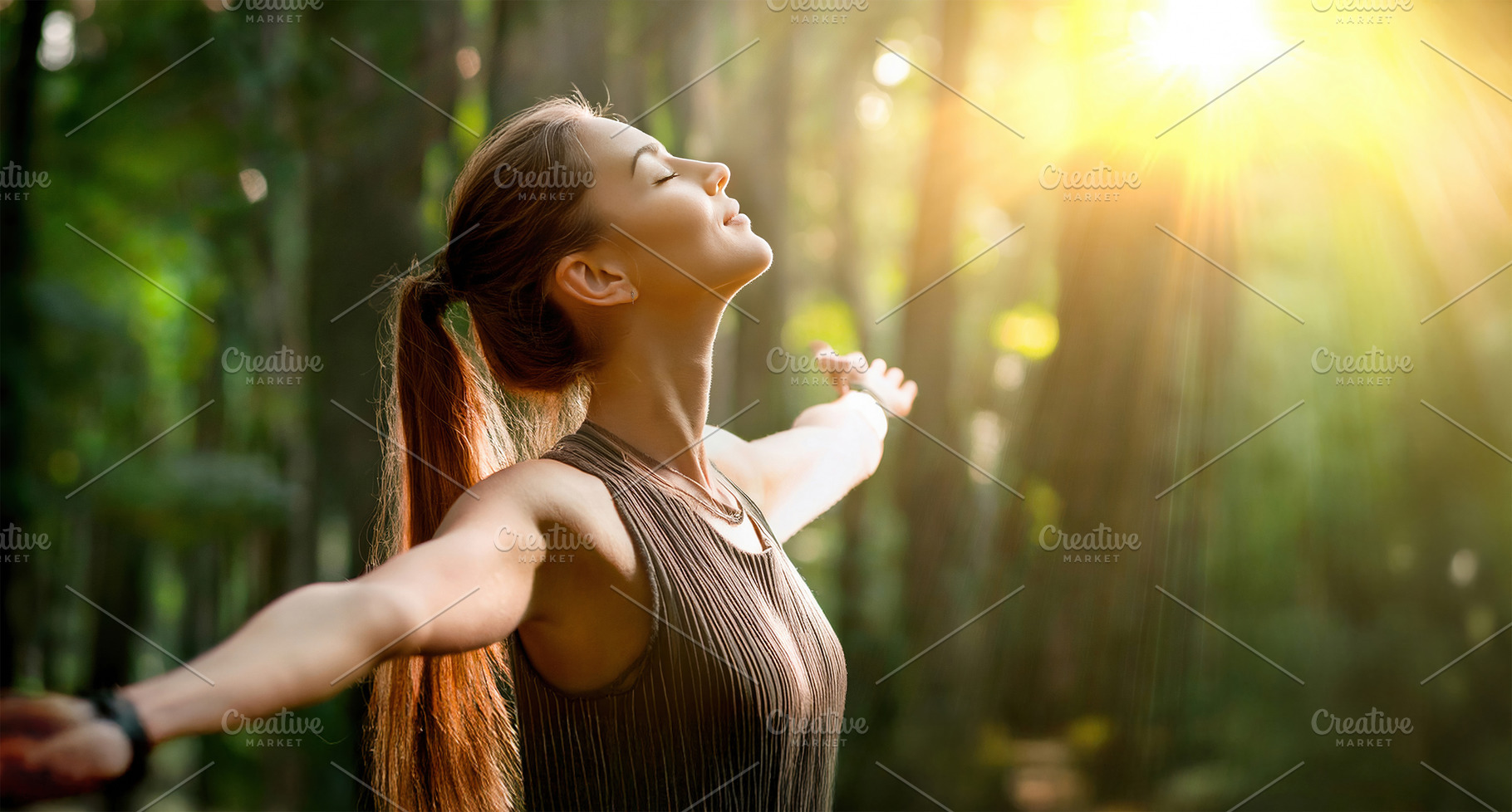Woman Breathing Fresh Air in Sunlit Forest, a Person Photo by Davizro's Market