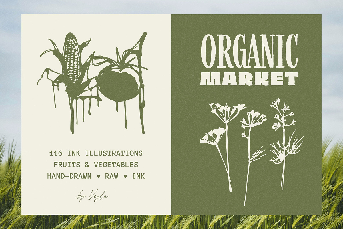 Organic Market 116 Ink Illustrations, a Food Illustration by Veyla (Photo 1 of 15)