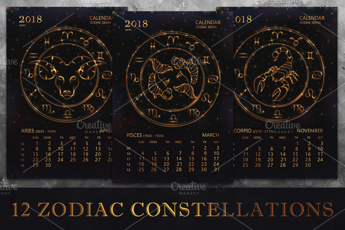 SET / 2018 CALENDAR / golden ZODIACS, a Texture Illustration by Nadin_Lebedeva (Photo 2 of 11)