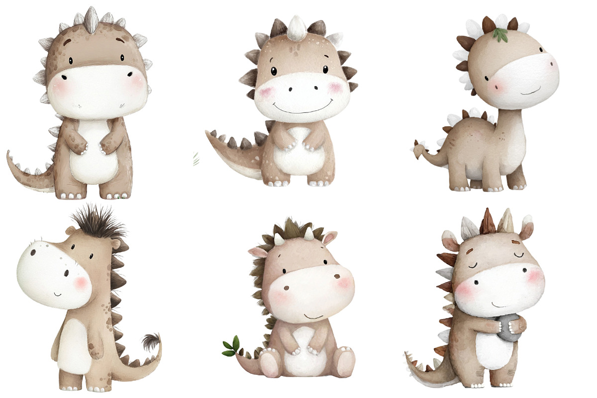 Watercolor Cute Dinosaur Clipart, an Illustration by Designworld (Photo 2 of 4)