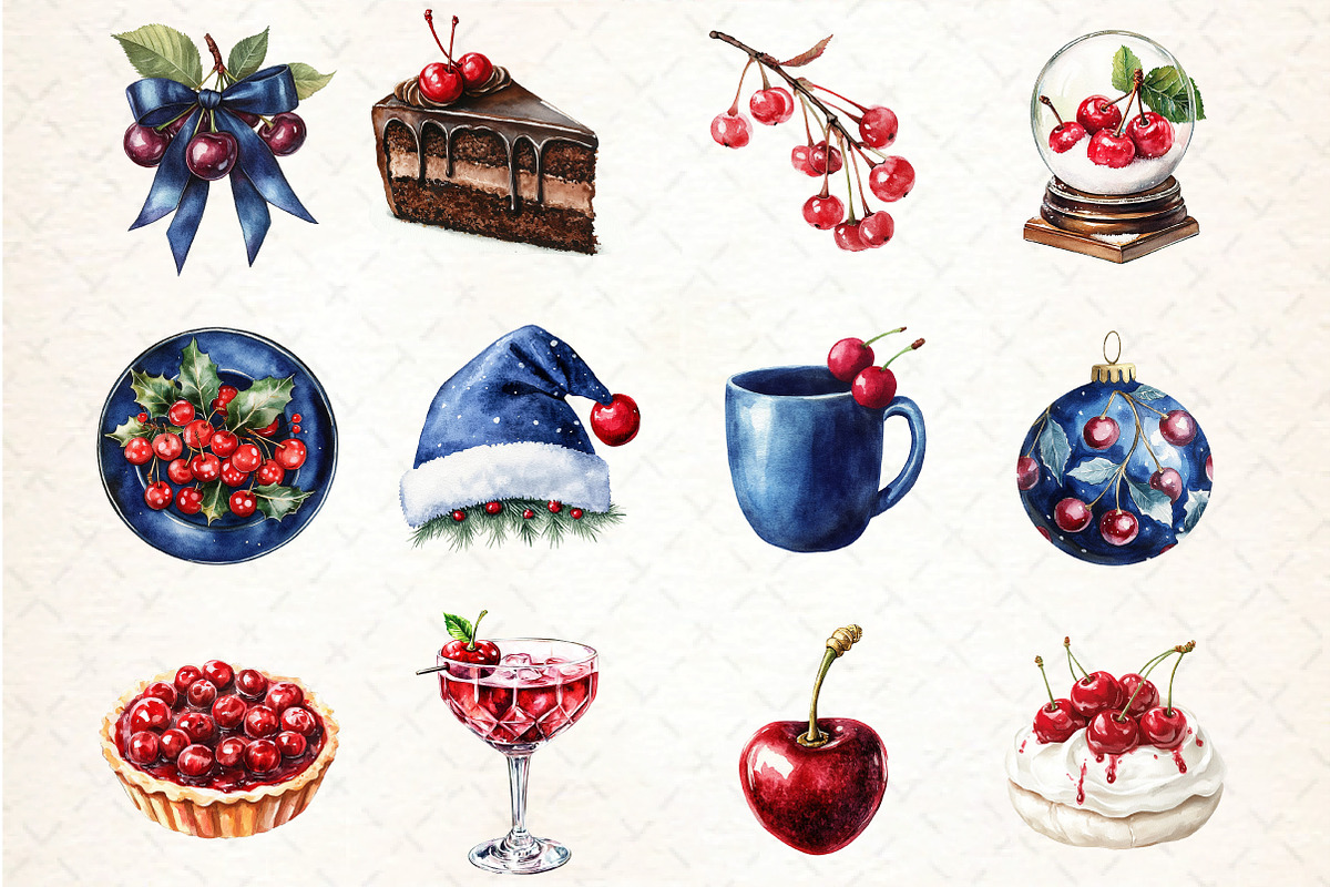 Midnight Cherry Christmas Clipart, an Illustration by DreamCafeArt (Photo 2 of 5)