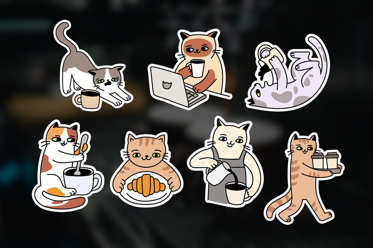22 Hand Drawn Cats & Coffee Stickers, a Food Illustration by Kristina Chistiakova (Photo 5 of 7)