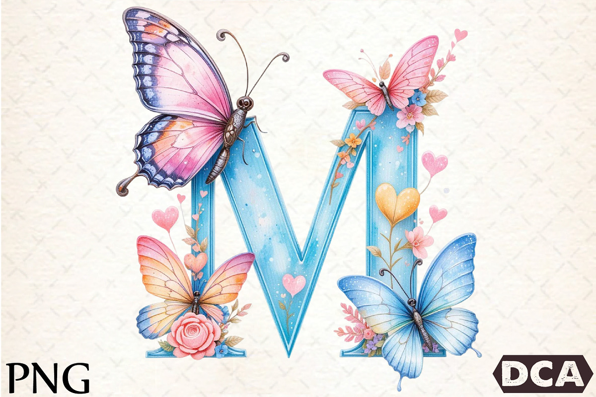Watercolor Butterfly Letter ''M'', an Illustration by DreamCafeArt (Photo 1 of 7)